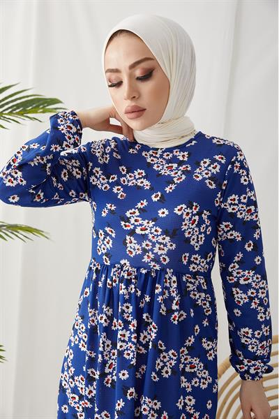 Lesa Floral Patterned Rattan Belt Indigo Dress