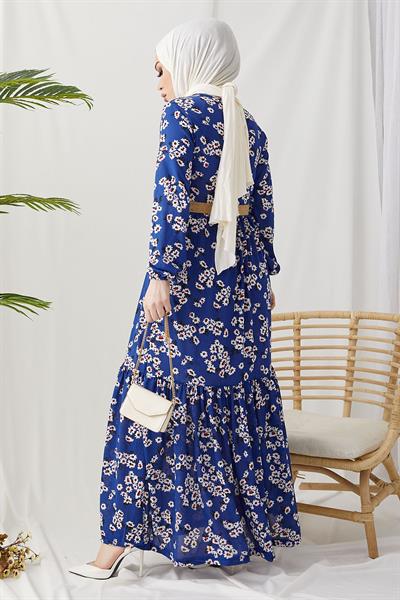 Lesa Floral Patterned Rattan Belt Indigo Dress