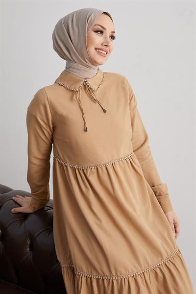 Lesina Bebe Yaka Bağlamalı Salaş Elbise - Bej