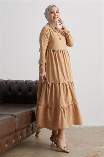 Lesina Bebe Yaka Bağlamalı Salaş Elbise - Bej