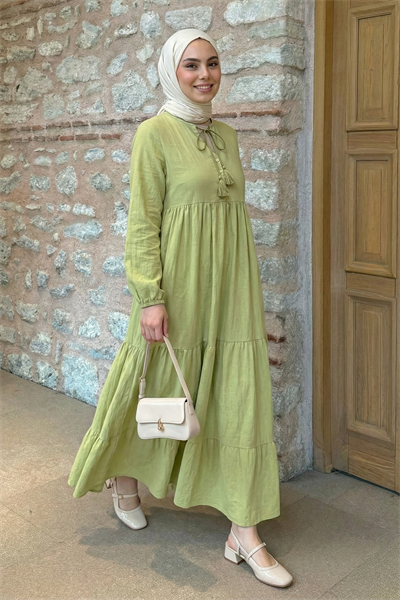 Lina Püsküllü Fıstık Yeşili Elbise