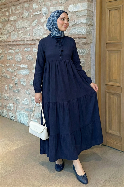 Lina Püsküllü Lacivert Elbise
