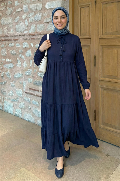 Lina Püsküllü Lacivert Elbise