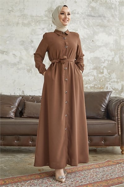 Linny Düğmeli Gömlek Yaka Kahverengi Ferace