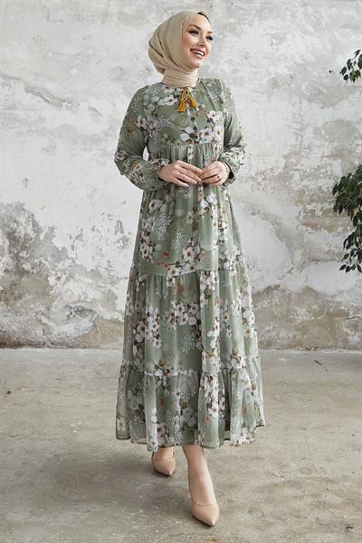 Liviza Desen Püskül Detaylı Şifon Elbise - Haki