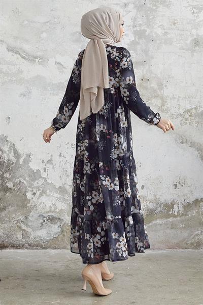 Liviza Desen Püskül Detaylı Şifon Elbise - Siyah