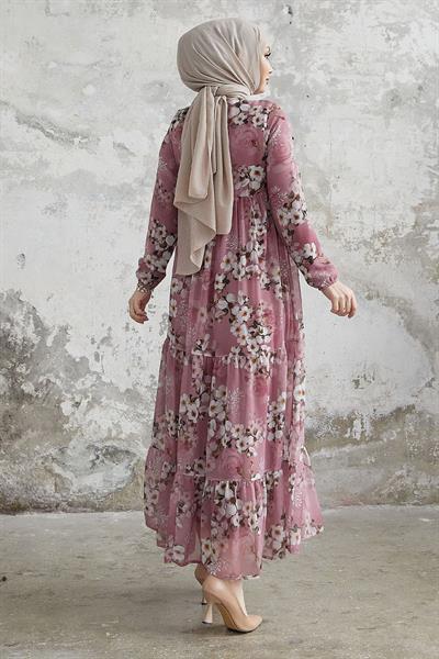 Liviza Patterned Fringed Detail Chiffon Dress - Rose Dust