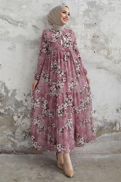 Liviza Patterned Fringed Detail Chiffon Dress - Rose Dust