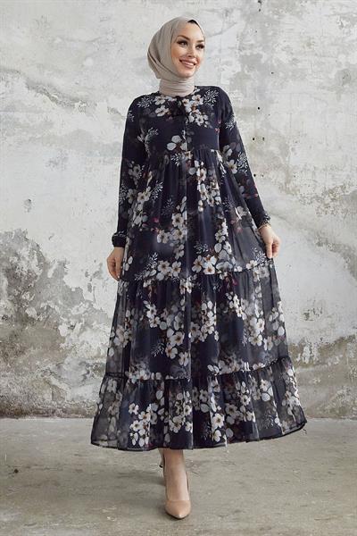 Liviza Desen Püskül Detaylı Şifon Elbise - Siyah