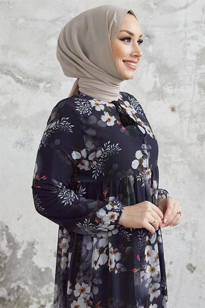Liviza Desen Püskül Detaylı Şifon Elbise - Siyah