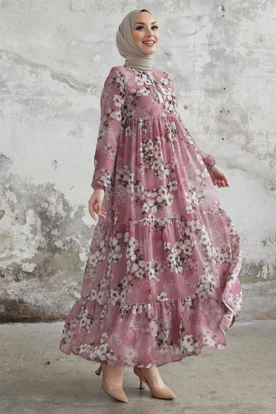 Liviza Patterned Fringed Detail Chiffon Dress - Rose Dust