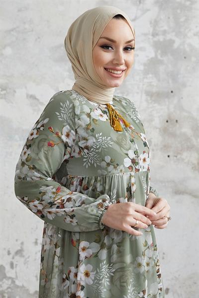 Liviza Desen Püskül Detaylı Şifon Elbise - Haki