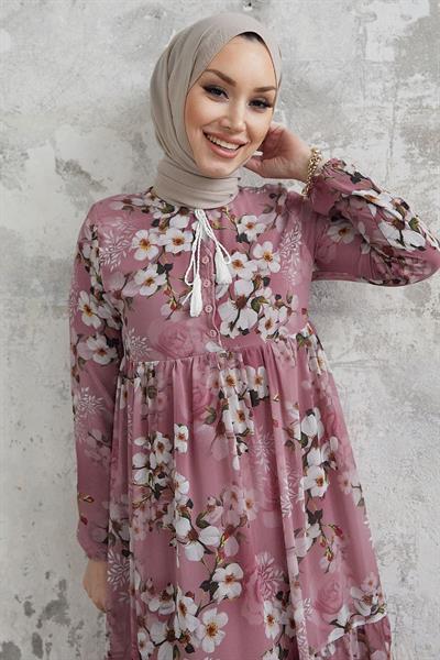 Liviza Patterned Fringed Detail Chiffon Dress - Rose Dust