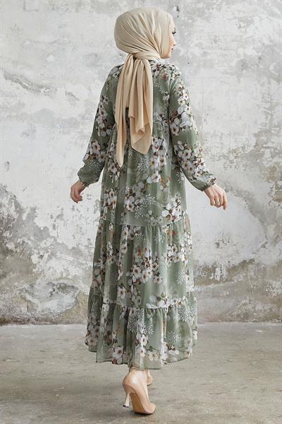 Liviza Desen Püskül Detaylı Şifon Elbise - Haki