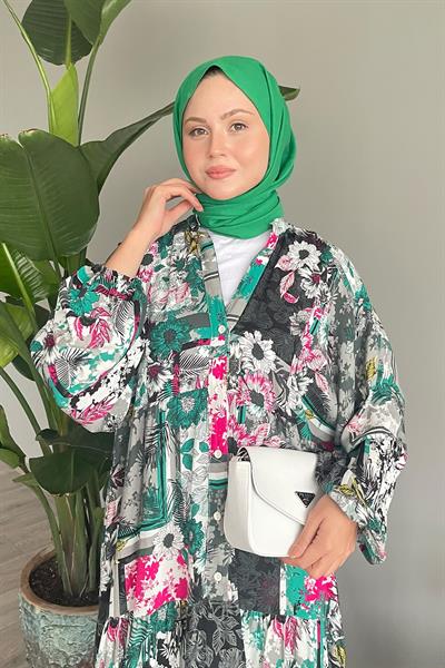 Lotus Desen Balon Kol Siyah Viskon Elbise