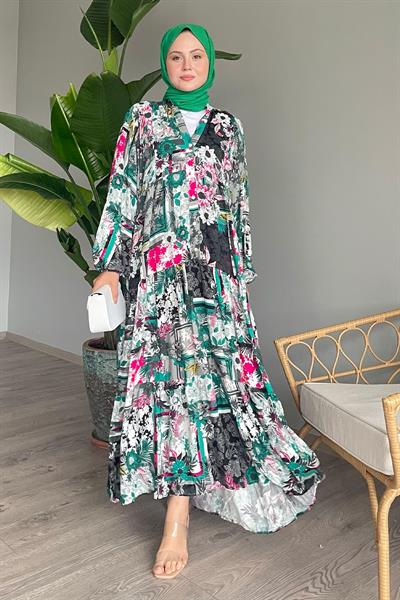 Lotus Desen Balon Kol Siyah Viskon Elbise