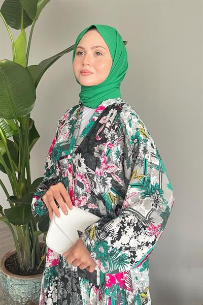 Lotus Desen Balon Kol Siyah Viskon Elbise