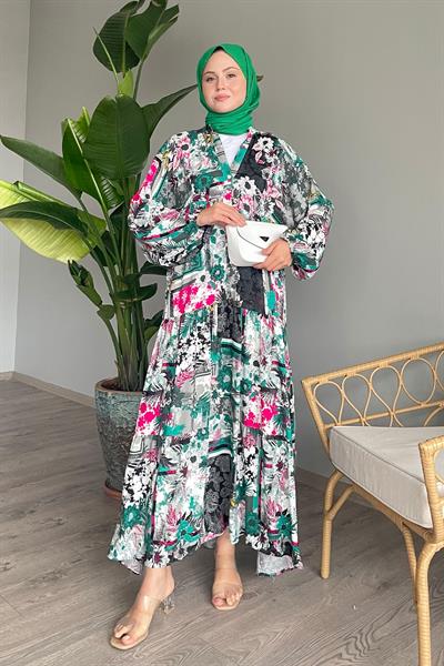 Lotus Desen Balon Kol Siyah Viskon Elbise