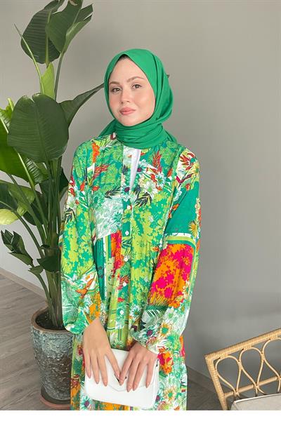 Lotus Desen Balon Kol Yeşil Viskon Elbise