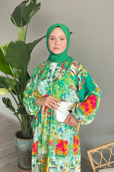 Lotus Desen Balon Kol Yeşil Viskon Elbise