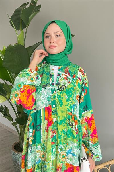 Lotus Desen Balon Kol Yeşil Viskon Elbise