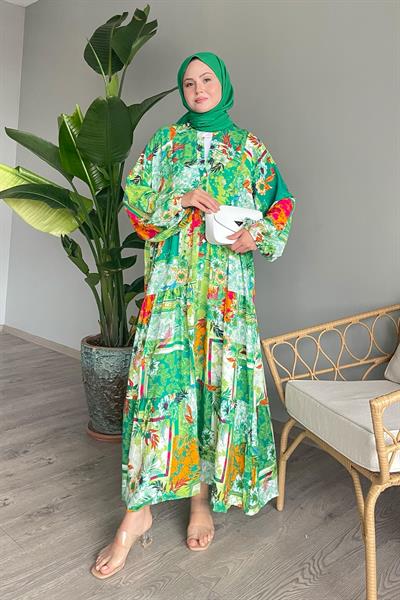 Lotus Desen Balon Kol Yeşil Viskon Elbise