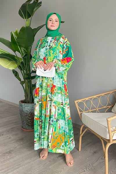 Lotus Desen Balon Kol Yeşil Viskon Elbise