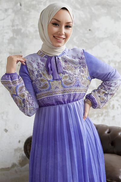 Lovella Desen Kuşaklı Şifon Elbise - Lila
