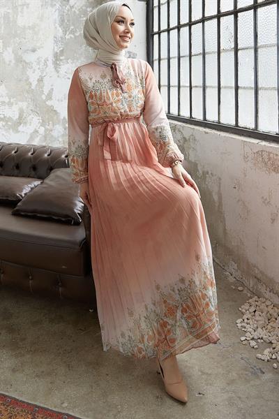 Lovella Desen Kuşaklı Şifon Elbise - Somon