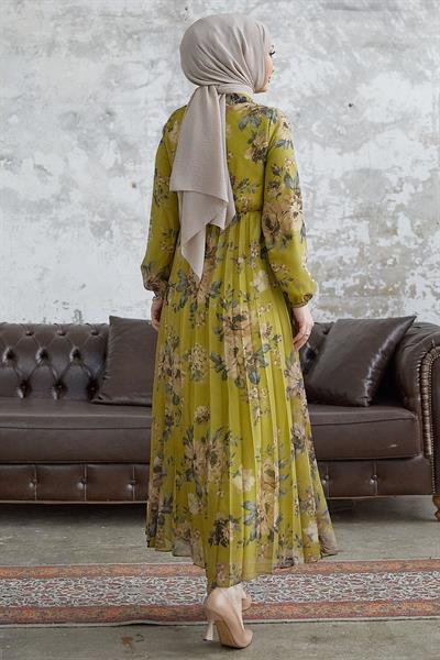 Luis Yakası Bağcıklı Şifon Elbise - Yağ Yeşili