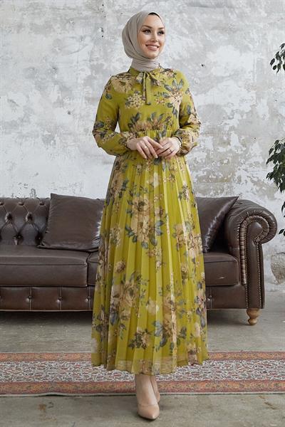 Luis Yakası Bağcıklı Şifon Elbise - Yağ Yeşili