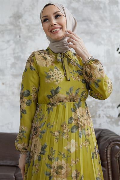 Luis Yakası Bağcıklı Şifon Elbise - Yağ Yeşili