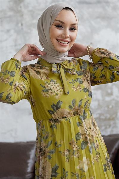 Luis Yakası Bağcıklı Şifon Elbise - Yağ Yeşili