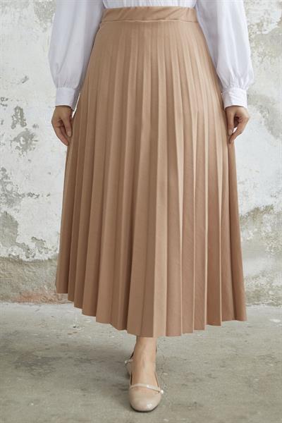 Luisa Beli Lastik Piliseli Etek - Bej