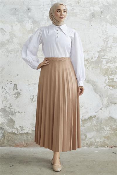 Luisa Beli Lastik Piliseli Etek - Bej