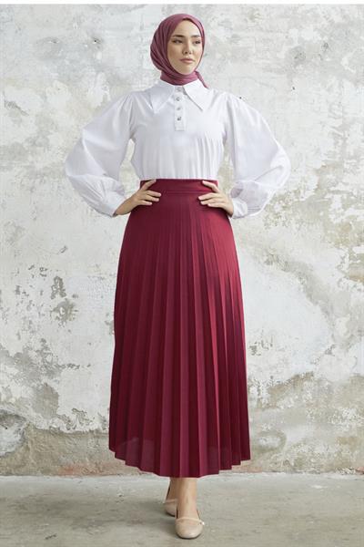 Luisa Beli Lastik Piliseli Etek - Kırmızı