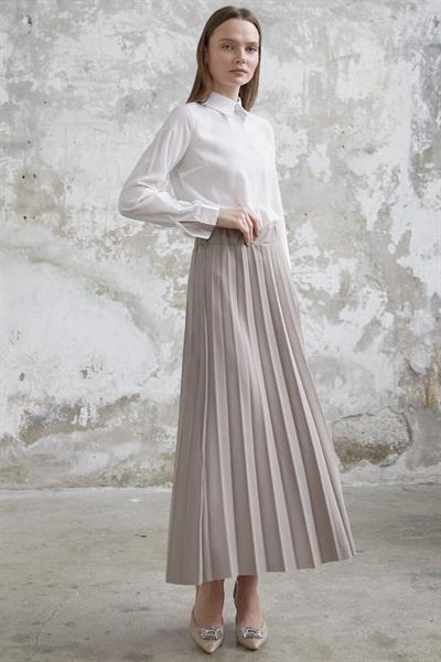 Luisa Beli Lastik Piliseli Etek - Koyu Bej