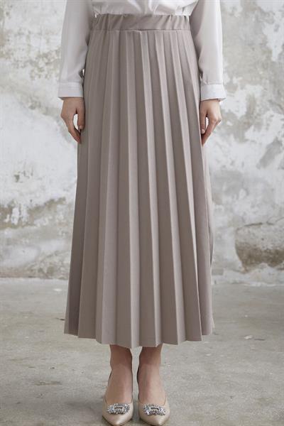 Luisa Beli Lastik Piliseli Etek - Koyu Bej