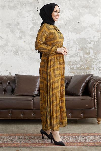 Luiza Yakası Bağlamalı Hardal Şifon Elbise