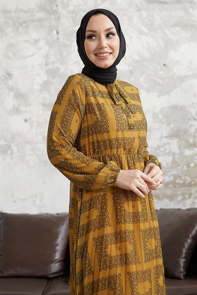 Luiza Yakası Bağlamalı Hardal Şifon Elbise