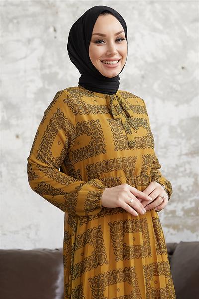 Luiza Yakası Bağlamalı Hardal Şifon Elbise