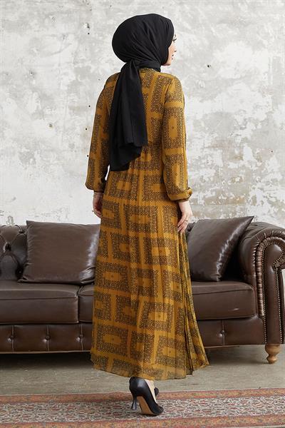 Luiza Yakası Bağlamalı Hardal Şifon Elbise