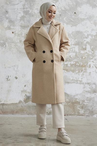 Malian Düğmeli Peluş Kaban - Bej