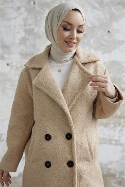 Malian Düğmeli Peluş Kaban - Bej