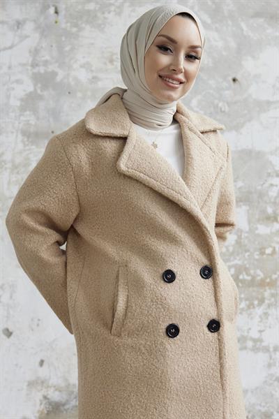 Malian Düğmeli Peluş Kaban - Bej