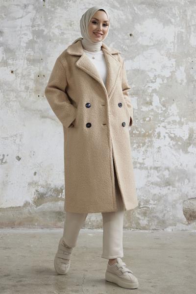 Malian Düğmeli Peluş Kaban - Bej