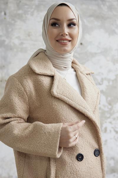 Malian Düğmeli Peluş Kaban - Bej