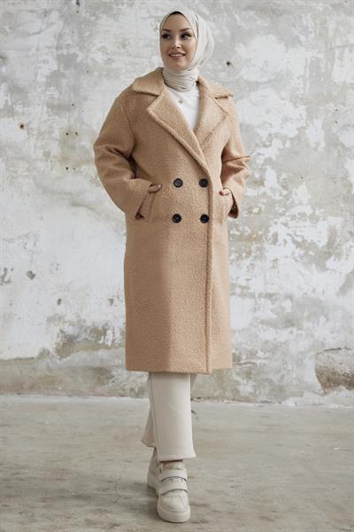 Malian Düğmeli Peluş Kaban - Camel