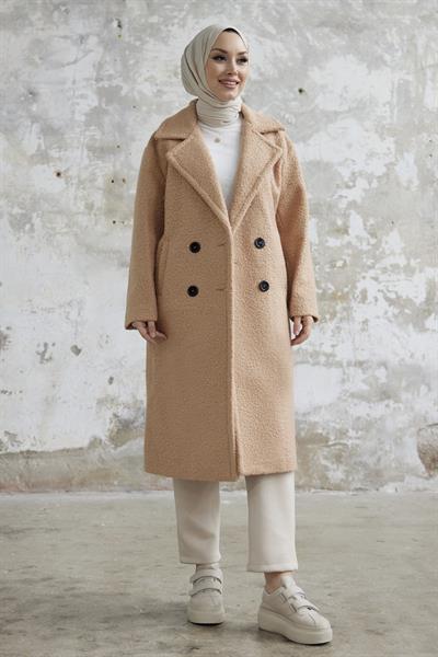 Malian Düğmeli Peluş Kaban - Camel