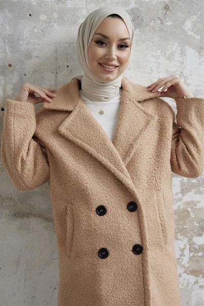 Malian Düğmeli Peluş Kaban - Camel